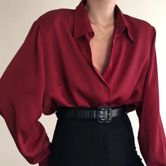 Admirable Solid V~Neck Button Blouses/Turn Down Collar Shirts/Long Sleeve Casual Blouse Loose OL Shirt/ Baggy Tops Red/Wine Red /Black.
