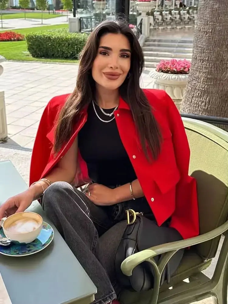 Solid Cropped Up Tatting Blazer/Vintage Style Long Sleeve Snap-button/Female Outerwear Chic Tops/Turn Down Collar Shaped Blazer/Fall Wear Clothing.