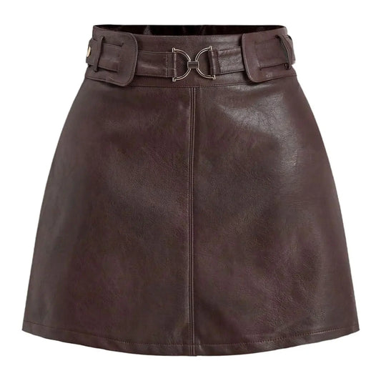 Women’s Belted Faux Leather A-Line Mini Skirt