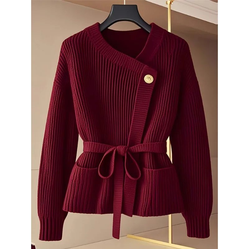 Excellent Lace~Up Red Stylish Knitted  Sweater/Women Winter Fashion.