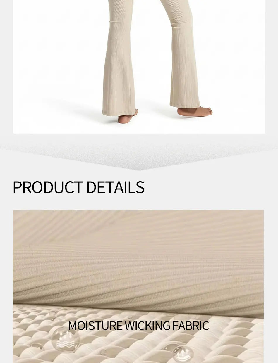 “High-waisted sculpting flare yoga pants with dual-curve construction and moisture-wicking stretch fabric.”