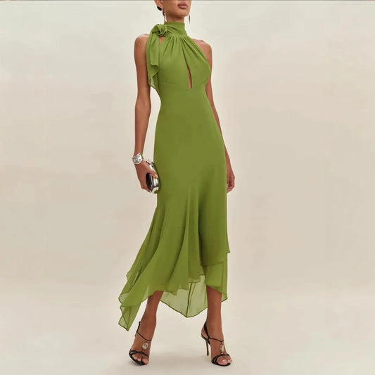 Elegant Olive Green Halter Maxi Dress for Women – Backless Lace-Up Asymmetrical Hem Evening Party Gown | Modern Blend Boutique