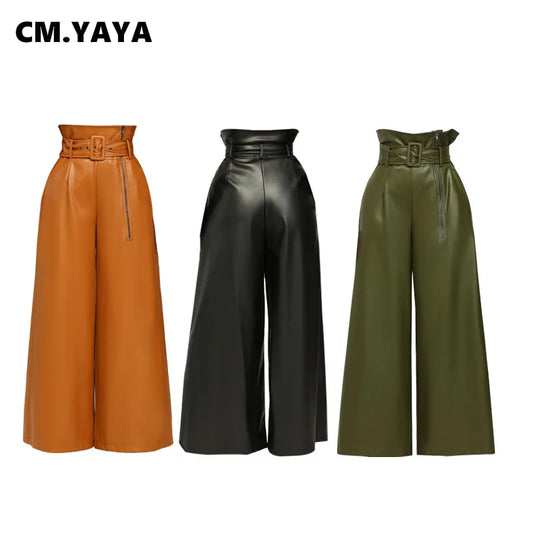 High-Waist Faux Leather Wide-Leg Pants with Belt – Elegant Statement Trousers