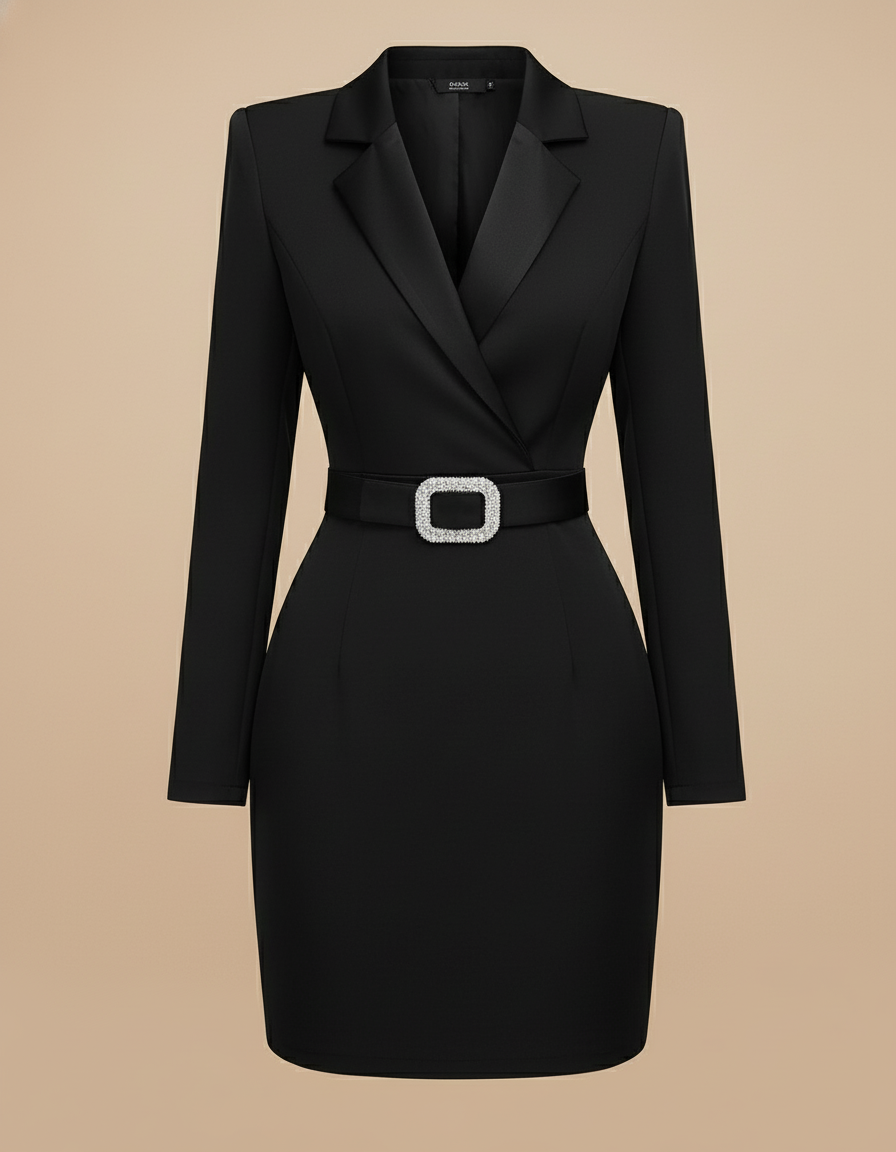 Authentic V~Neck Luxurious Black Dress/Waist-hugging and Flesh-covering Short Skirt for Hip-wrap/Above Knee Mini Dress.