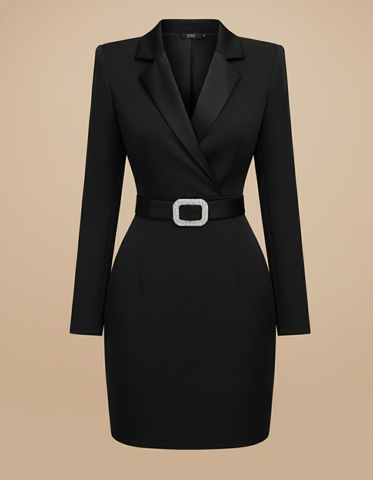 Authentic V~Neck Luxurious Black Dress/Waist-hugging and Flesh-covering Short Skirt for Hip-wrap/Above Knee Mini Dress.