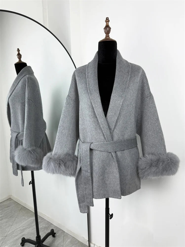 Tossy Fox Fur Overcoat/Short Fitted Cardigan Coat/Elegant Double-sided Woolen Coat.