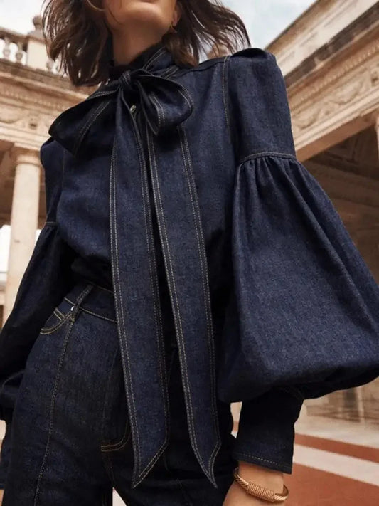 Fashion Bow Design High Neck Blouse/ New Autumn Puff Sleeves Limitation Denim Casual Office Shirts Tops.