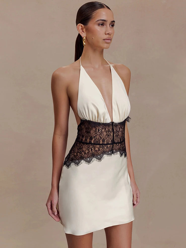 Elegant Lace Patchwork Halter Mini Dress – Luxury Backless Deep V-Neck Sleeveless Party Dress for Women | Timeless Chic Evening Look