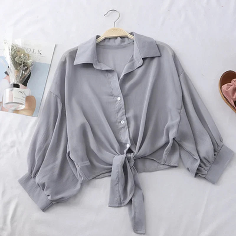 Chiffon Button Down Sleeves/Casual Loose Hollow White Clothes/Elegant Solid Color Tied Waist Blouse/Women Half Sleeve Button Chiffon Shirt.