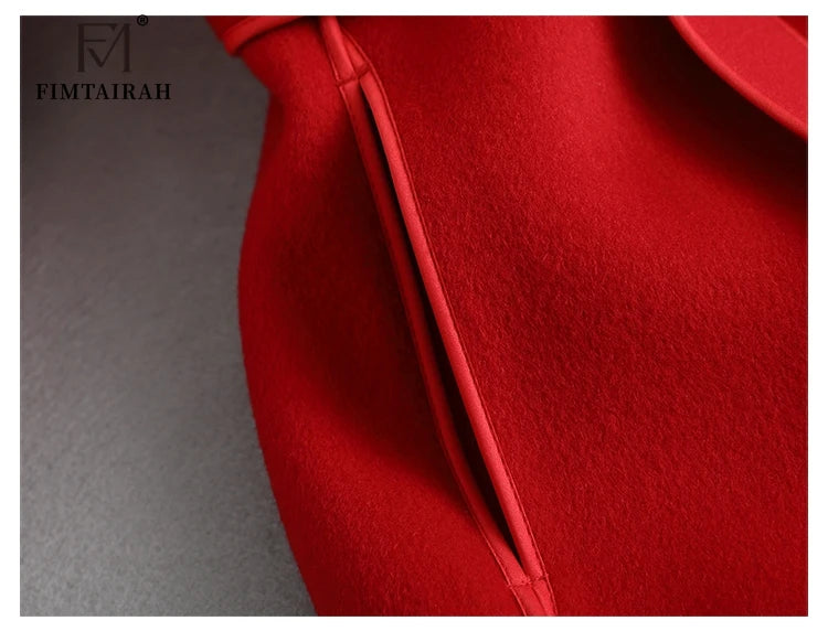 Women’s 100% Merino Wool Long Wrap Coat – Luxury Double-Breasted Style, Wide Lapel Collar, Belted Waist, Elegant Winter Outerwear