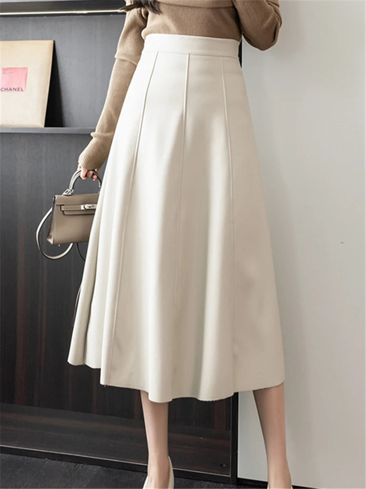 Seoulish Black Faux PU Leather Women's A-Line Skirt/New High Wasit Solid Chic/Umbrella Office Skirt’s Female.