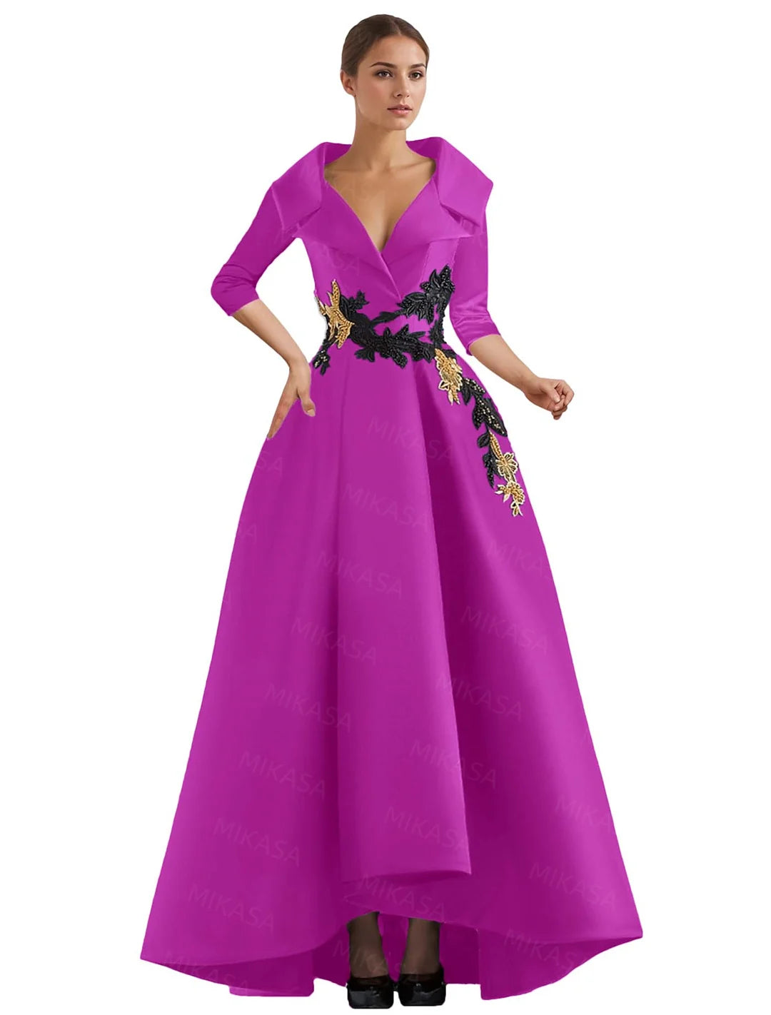 Elegant A Line Vintage Gown/Modern Three Quarter Sleeves V~Neck Dress/Party Gowns With Appliqué’s/Pockets Irregular Ruffles.