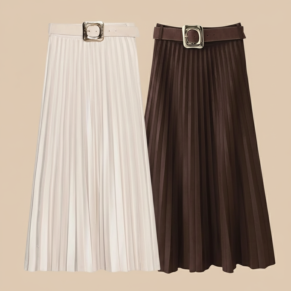 Flowing Effect Pleated Skirt/Neutral Beauty Layered Skirt/Midi Long Skirt/High Waist Elegant Faux Suede Skirt With Belt.