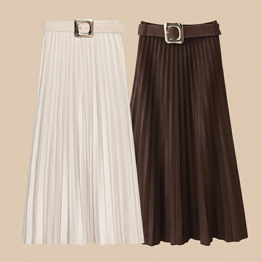 Flowing Effect Pleated Skirt/Neutral Beauty Layered Skirt/Midi Long Skirt/High Waist Elegant Faux Suede Skirt With Belt.