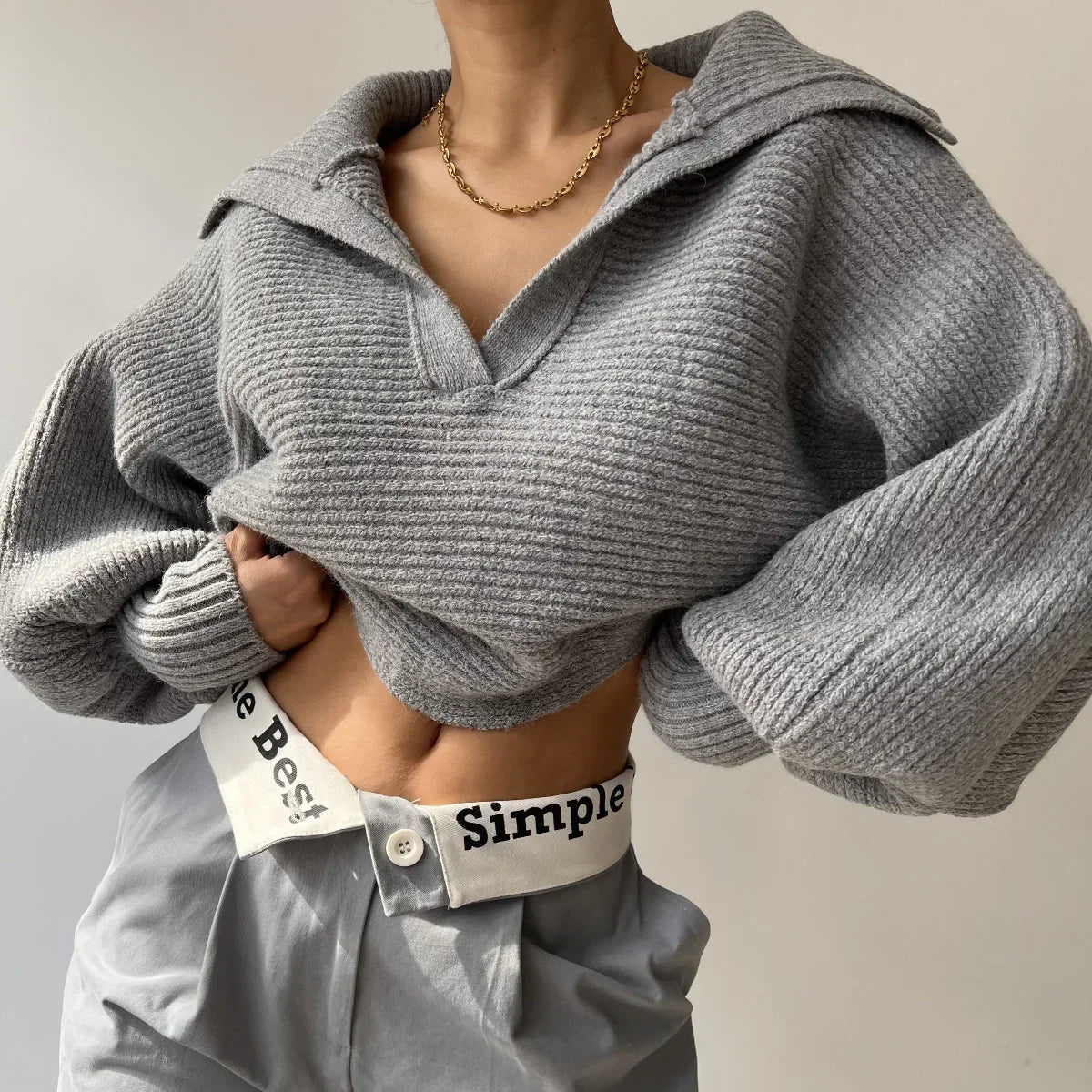 Stylish Cropped V~Neck Sweater/Turn Down Collar Loose Fitted Sweater/Full Sleeve Splice Pullovers Straight Thick Sweater.