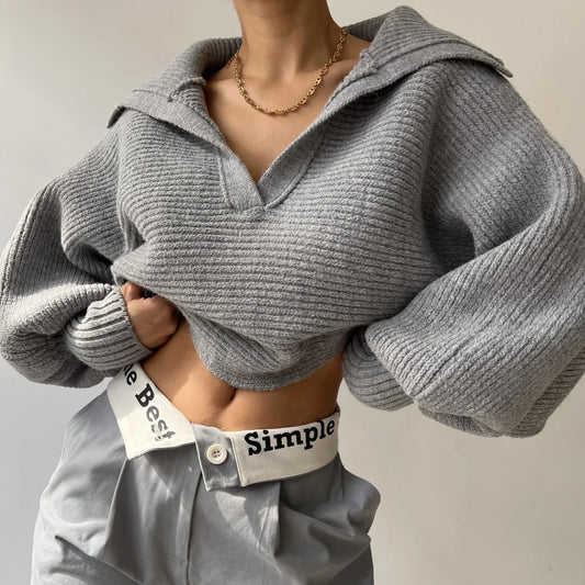 Stylish Cropped V~Neck Sweater/Turn Down Collar Loose Fitted Sweater/Full Sleeve Splice Pullovers Straight Thick Sweater.