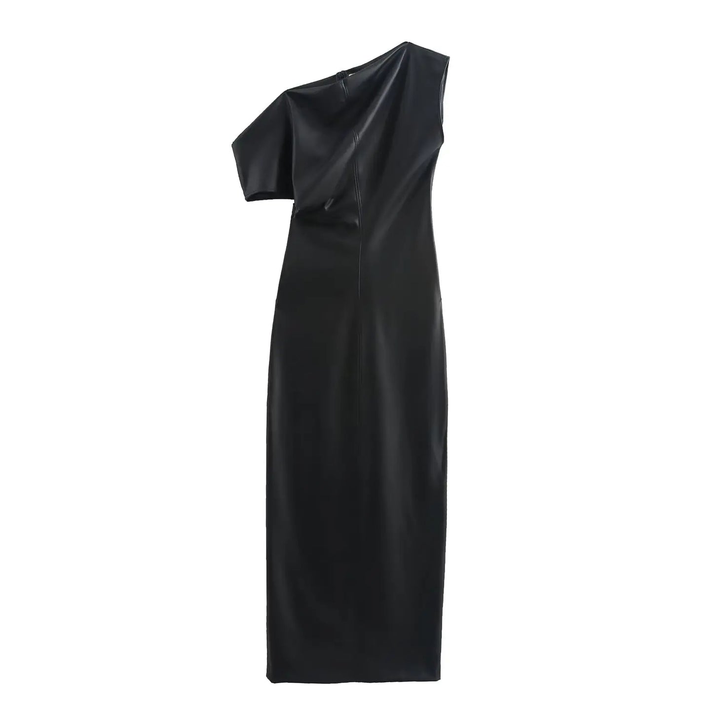 Black Leather Sleeveless Dress/Back Zipper Midi Asymmetrical Slit Hem Folds/Slim Party Dress/All Occasions.