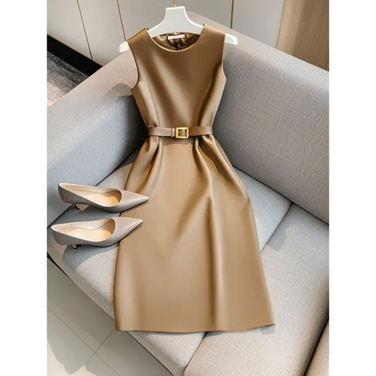 New French Luxury Summer Dress Women Elegant Sleeveless High Waist Satin Formal Dress Fashion Party Vestidos with Belt High End