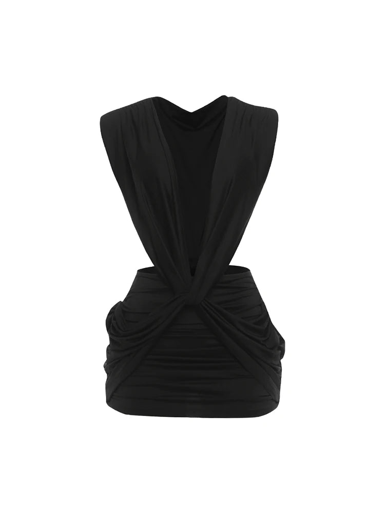 Timeless Deep V-Neck Ruched Bodycon Mini Dress – Elegant Sleeveless Stretch Party Dress for Women