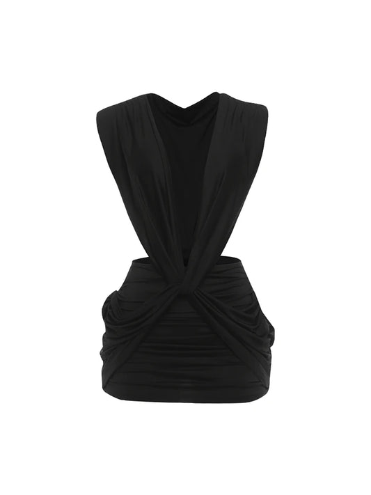 Timeless Deep V-Neck Ruched Bodycon Mini Dress – Elegant Sleeveless Stretch Party Dress for Women