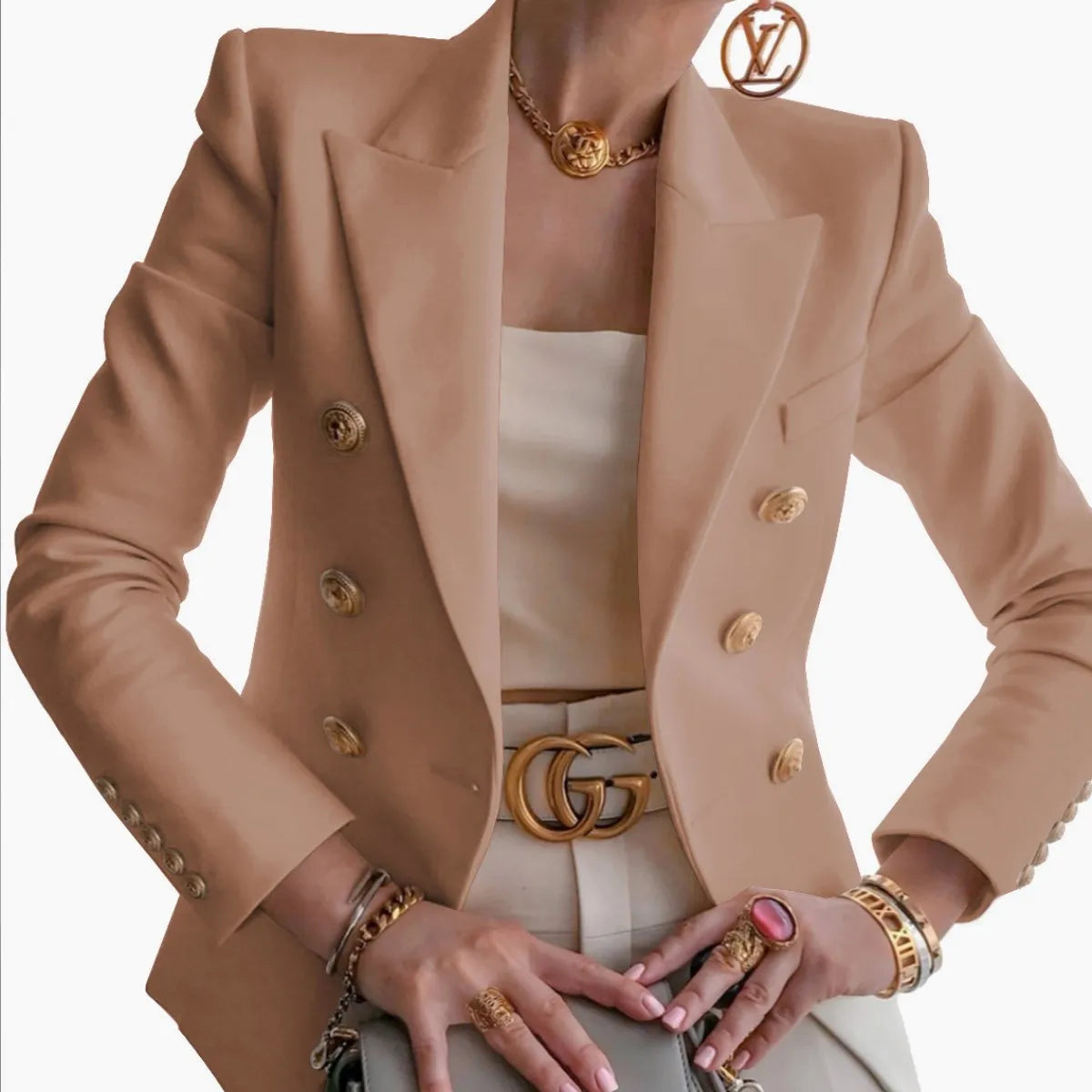 Women’s Luxury Colored Double-Breasted Blazer with Gold Buttons | Tailored Chic Statement Jacket