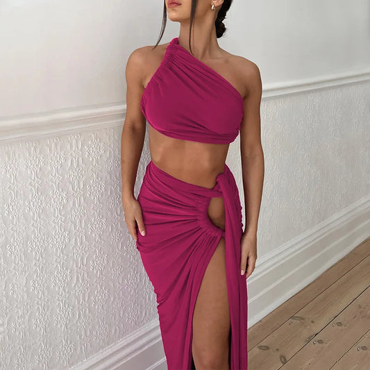 Luxury One-Shoulder Ruched Skirt Set – Elegant Backless Crop Top & High Slit Maxi Skirt Two-Piece Ensemble