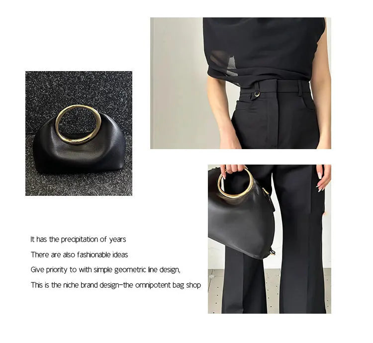 Luxury Sculpted Black Handbag with Gold Circular Handle – Modern Statement Top Handle Purse for Women