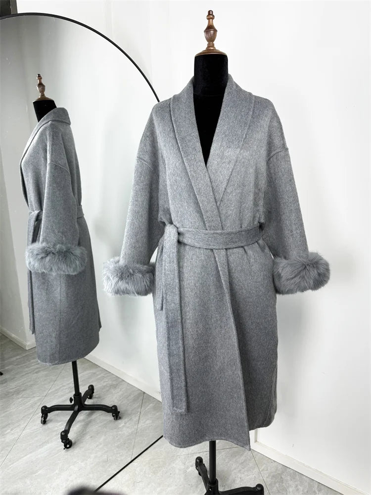 Tossy Fox Fur Overcoat/Short Fitted Cardigan Coat/Elegant Double-sided Woolen Coat.