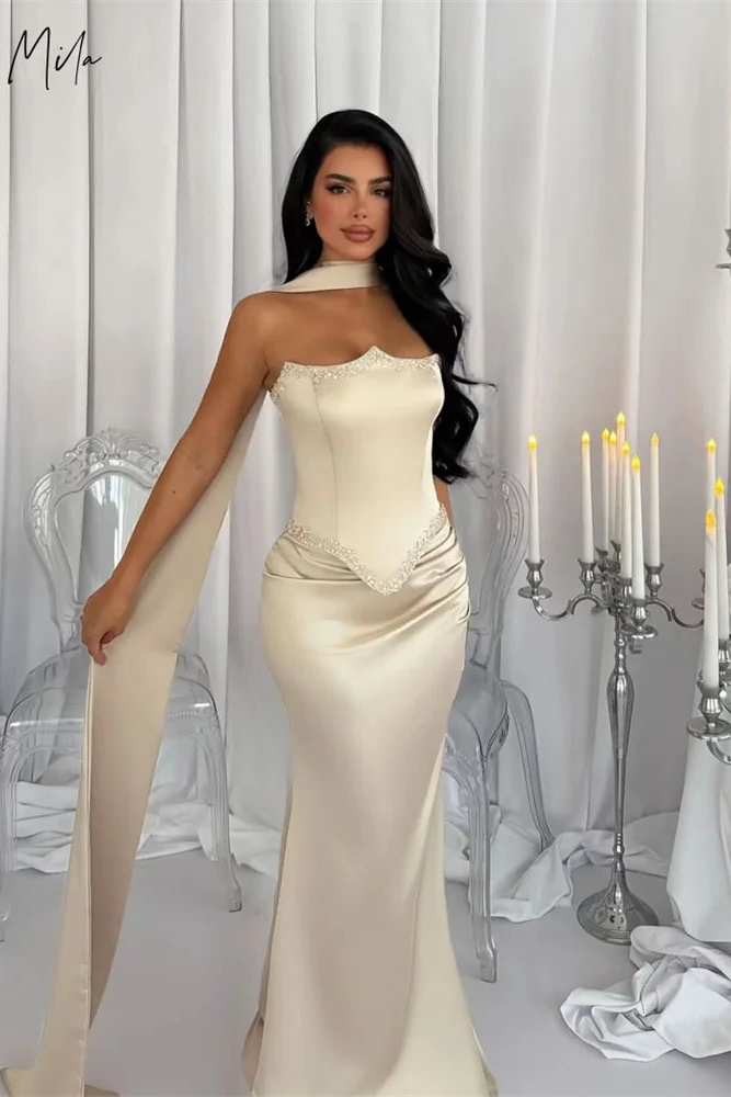 Silk Full Length Mila Beige Strapless Dress/Sleeveless Satin Customized Floor Length Evening Dress.
