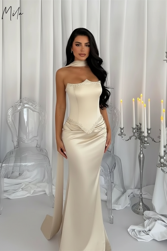 Silk Full Length Mila Beige Strapless Dress/Sleeveless Satin Customized Floor Length Evening Dress.