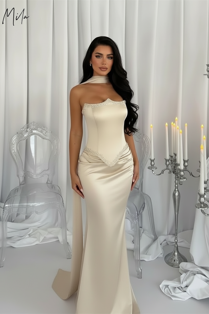 Silk Full Length Mila Beige Strapless Dress/Sleeveless Satin Customized Floor Length Evening Dress.