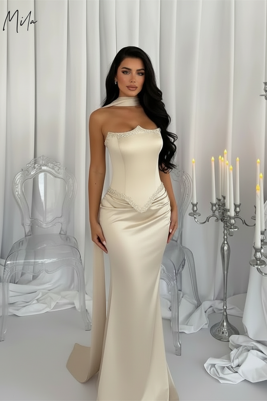 Silk Full Length Mila Beige Strapless Dress/Sleeveless Satin Customized Floor Length Evening Dress.