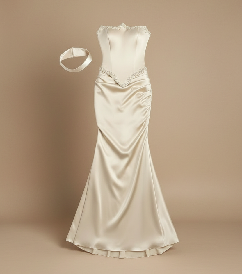 Silk Full Length Mila Beige Strapless Dress/Sleeveless Satin Customized Floor Length Evening Dress.