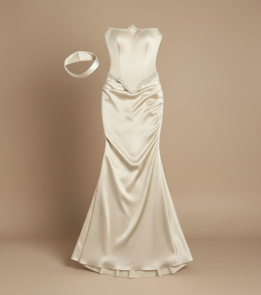 Silk Full Length Mila Beige Strapless Dress/Sleeveless Satin Customized Floor Length Evening Dress.