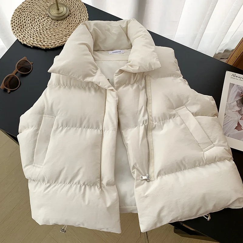 Oversized Autumn Stand Collar Elegant Down Coats/Warm Outerwear Casual Belt Sleeveless Winter Women Vests Jackets.