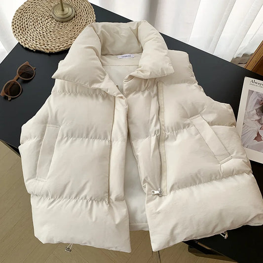 Oversized Autumn Stand Collar Elegant Down Coats/Warm Outerwear Casual Belt Sleeveless Winter Women Vests Jackets.