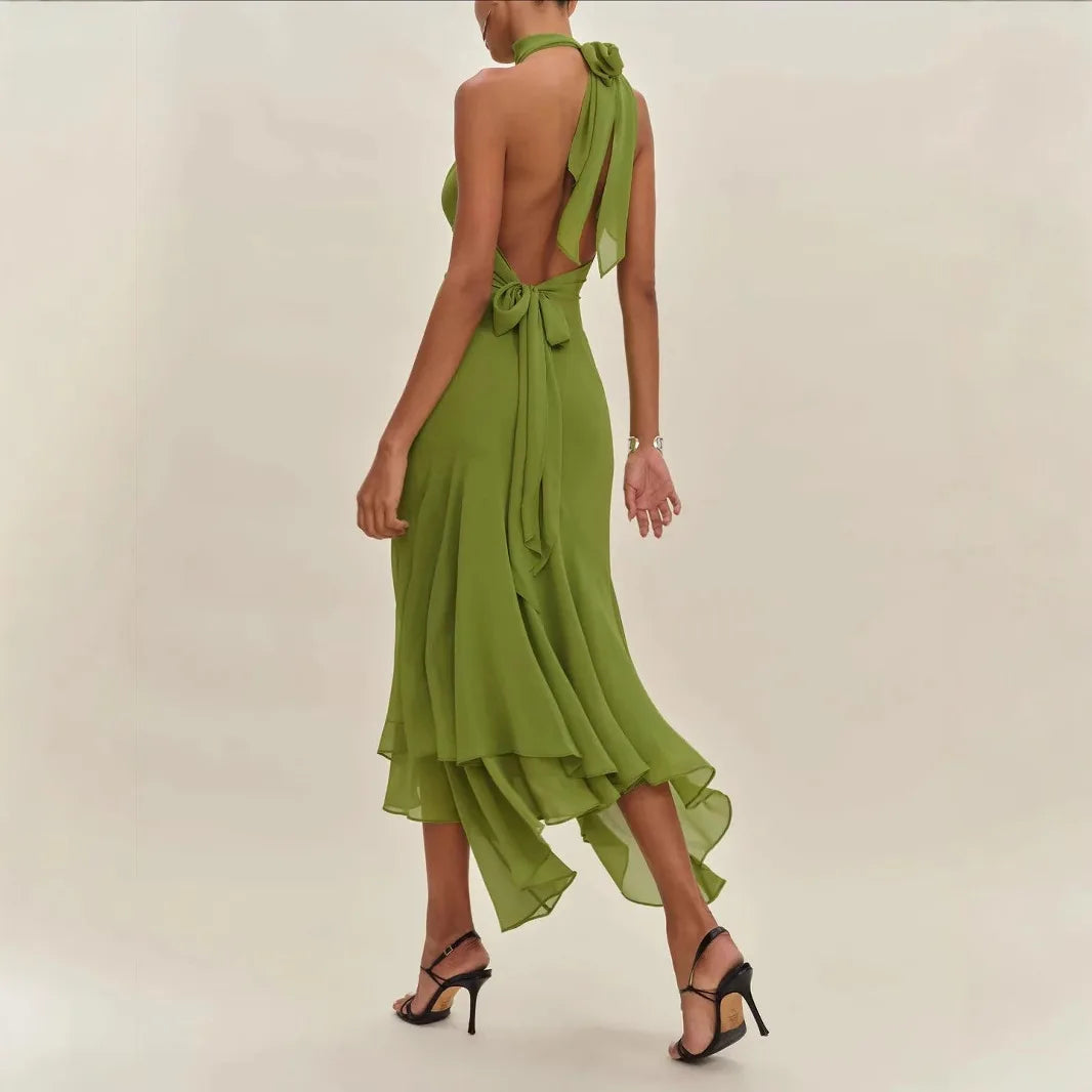 Elegant Olive Green Halter Maxi Dress for Women – Backless Lace-Up Asymmetrical Hem Evening Party Gown | Modern Blend Boutique