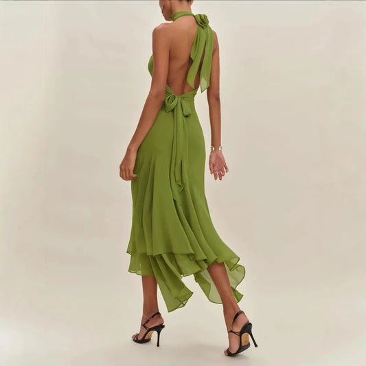 Elegant Olive Green Halter Maxi Dress for Women – Backless Lace-Up Asymmetrical Hem Evening Party Gown | Modern Blend Boutique