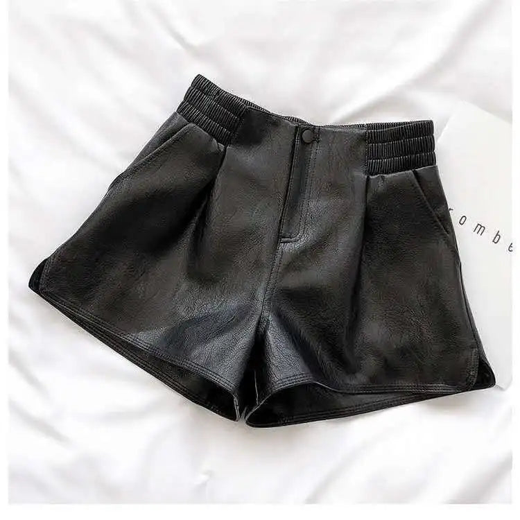 Women’s Boutique Style High-Waist Leather Shorts – Loose Fit Wide-Leg Faux Leather Pants/Versatile Fall Fashion