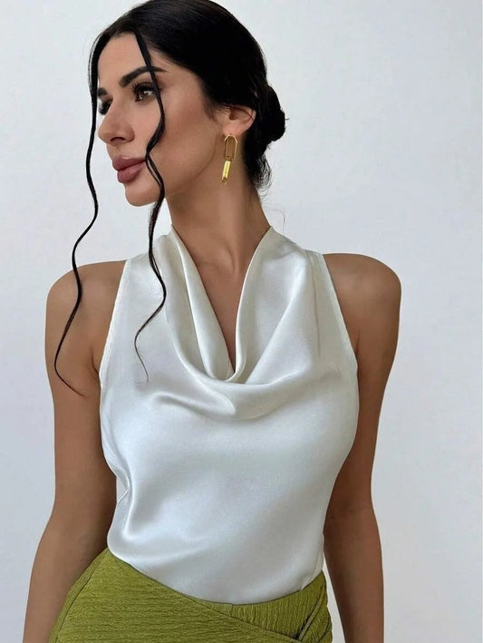 Elegant Satin Halter Blouse for Women – Sleeveless Bow Neck Office Lady Top