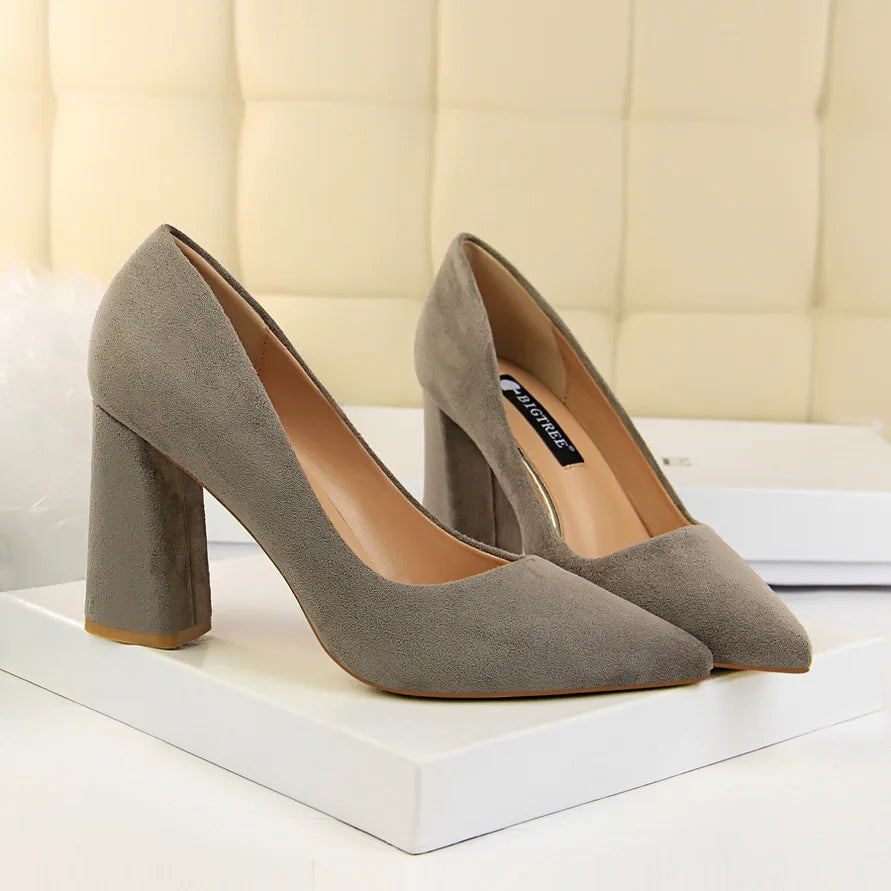 Women’s Suede-Look Pointed Toe Pumps | 8.5cm Block Heel Dress Shoes | Elegant Cognac Brown Heels