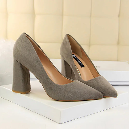 Women’s Suede-Look Pointed Toe Pumps | 8.5cm Block Heel Dress Shoes | Elegant Cognac Brown Heels