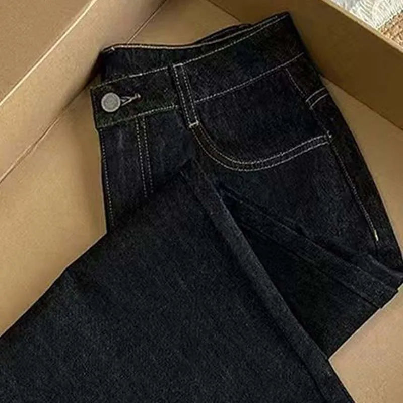 Leopard Cuff Dark Wash Wide Leg Jeans for Women – Mid Rise Loose Straight Denim Pants