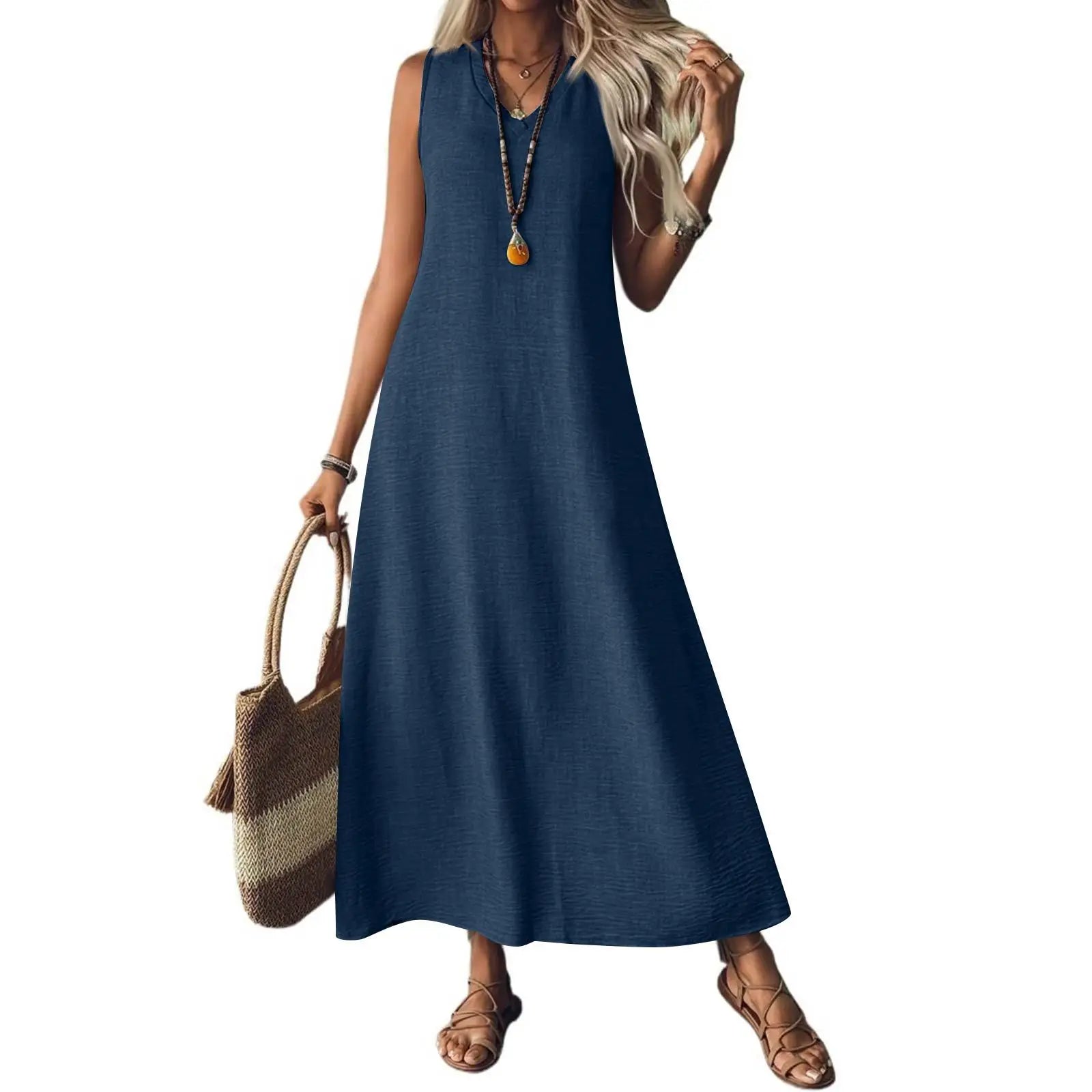 Trendy Solid V-Neck Loose Dress/Sleeveless V Neck Pullover Dresses/Holiday Beach Skirt Robe.