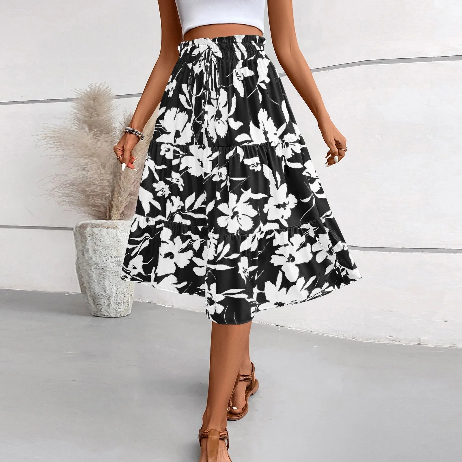 Retro Puff Floral Printed Skirt/With Pocket’s/Casual Elastic High Waist Lace-up Loose Skirts.