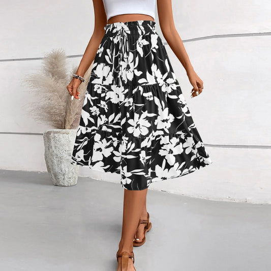Retro Puff Floral Printed Skirt/With Pocket’s/Casual Elastic High Waist Lace-up Loose Skirts.