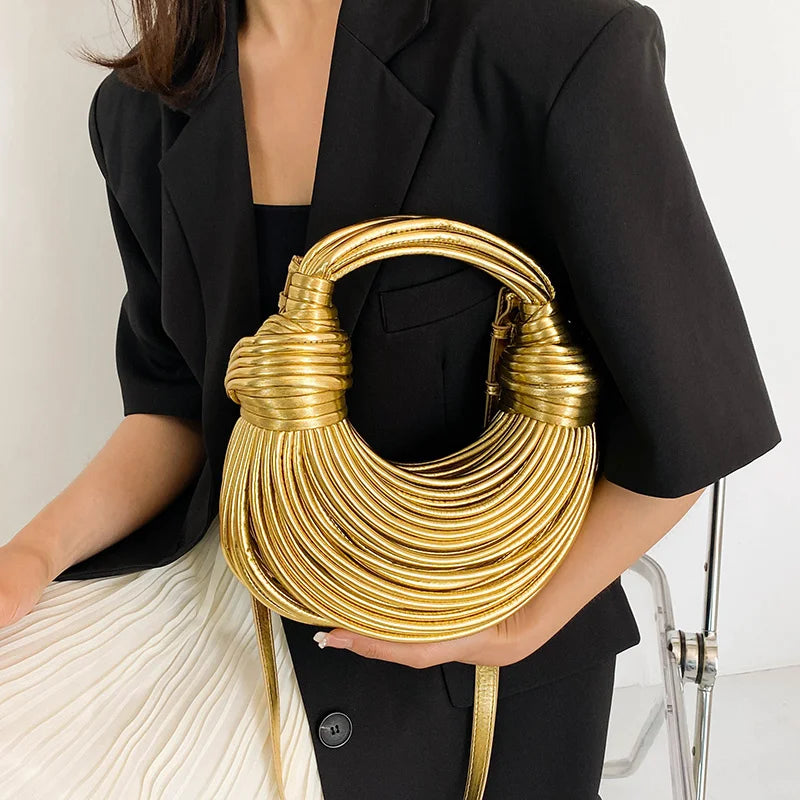 New Gold Luxury Designer Brand Handwoven Noodle Bags Rope Knotted Pulled Hobo Silver Evening Clutch Chic.