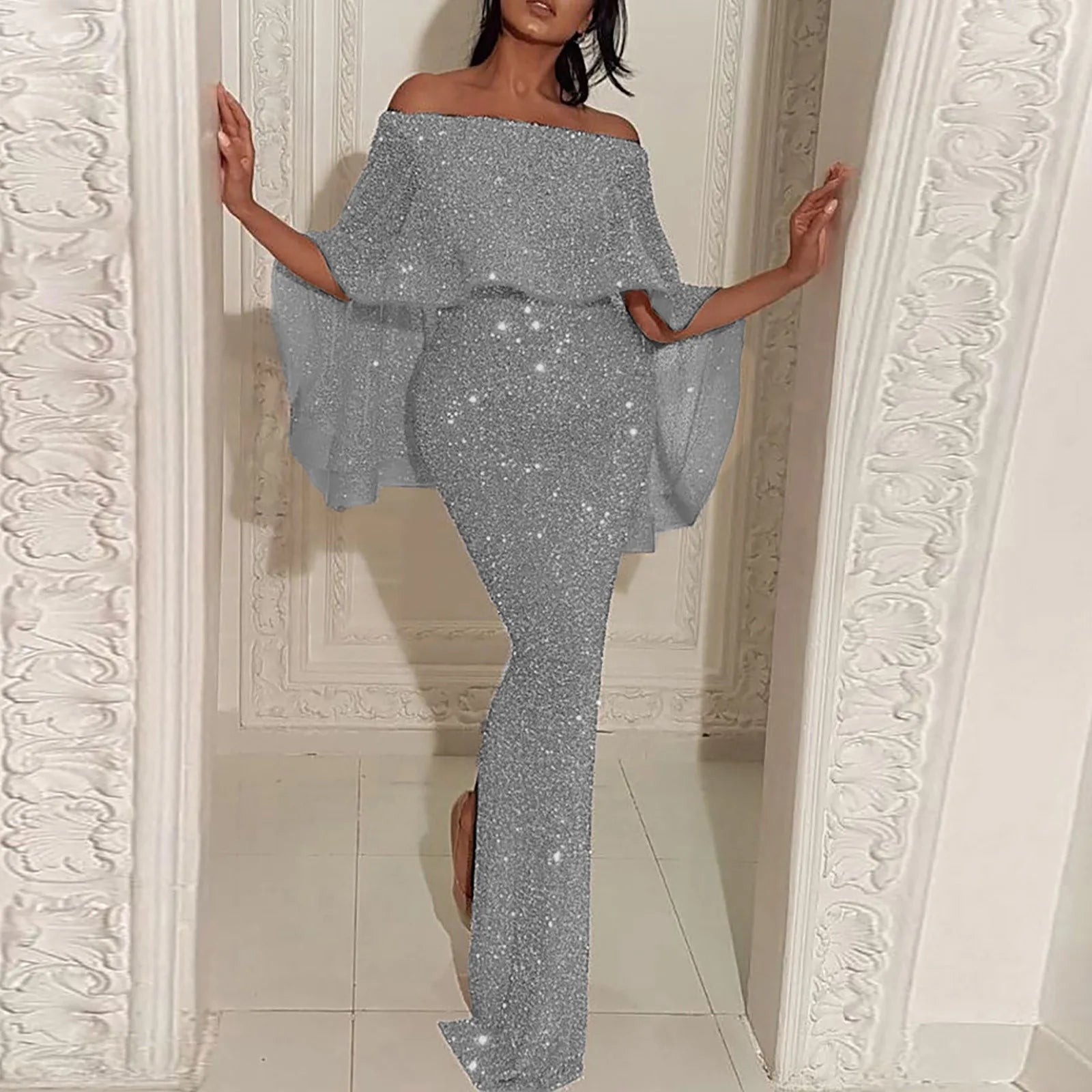 Off-Shoulder Silver Sequin Dress/Sparkling Maxi Dress/Devine Pull Over Loose Fitted/Excellent For Occasion’s.