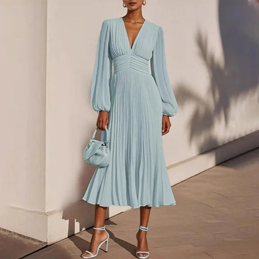Mid~Calf Pullover Maxi Dress/V Neck High Waist/Pleated Long Dress.