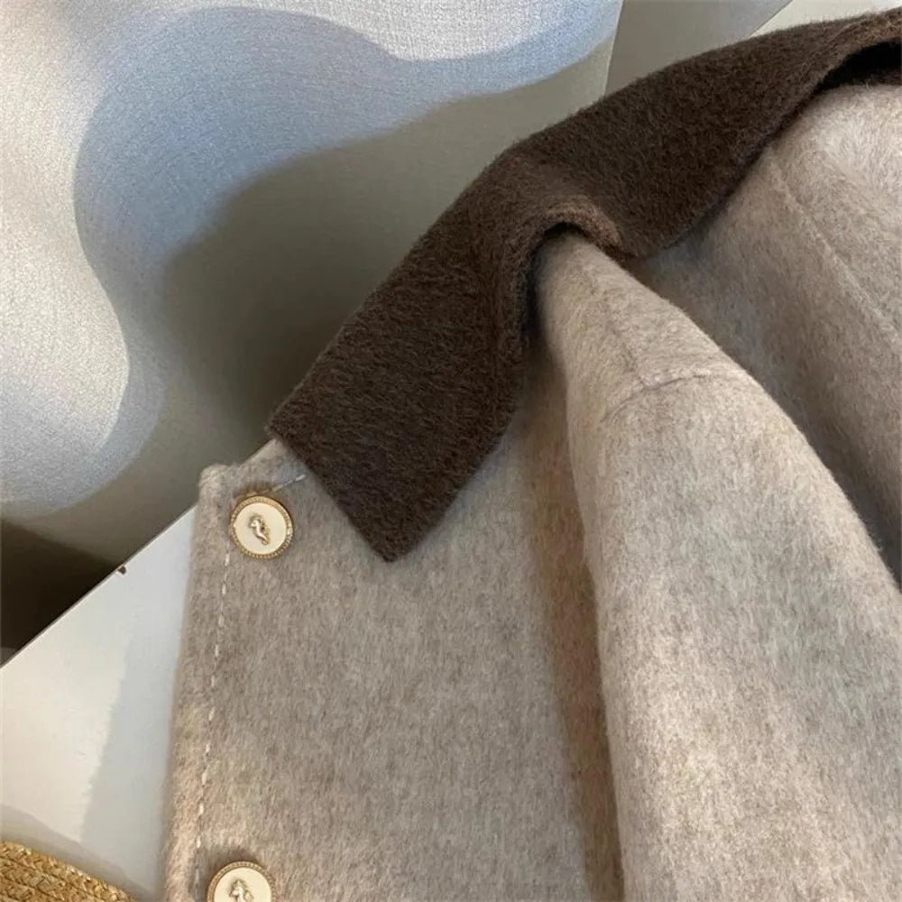 Women’s Contrast Collar Wool-Blend Jacket – Single Breasted Tailored Coat with Button Detail | Quiet Luxury Outerwear